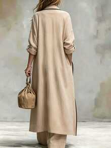 Trelyra Autumn Outfit, Slouchy Apricot Color Collared Long-Sleeve Jacket, Casual Jacket, Country Style, Daily Commuting And Vacation,Only A Coat. - Khaki - View 2