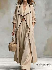 Trelyra Autumn Outfit, Slouchy Apricot Color Collared Long-Sleeve Jacket, Casual Jacket, Country Style, Daily Commuting And Vacation,Only A Coat. - Khaki - View 3