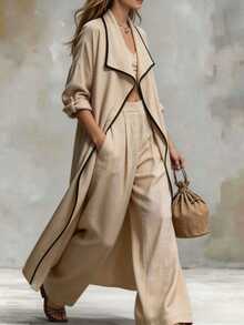 Trelyra Autumn Outfit, Slouchy Apricot Color Collared Long-Sleeve Jacket, Casual Jacket, Country Style, Daily Commuting And Vacation,Only A Coat. - Khaki - View 5