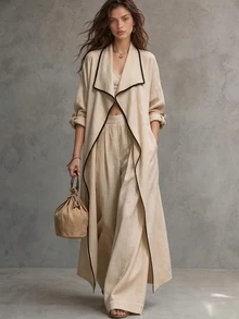 Trelyra Autumn Outfit, Slouchy Apricot Color Collared Long-Sleeve Jacket, Casual Jacket, Country Style, Daily Commuting And Vacation,Only A Coat. - Khaki - View 1