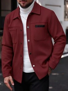 Manfinity CasualCool Men Solid Color Casual Long Sleeve Overcoat, Suitable For Fall And Overcoat Men Overcoat Burgundy Button Up Overcoat Christmas Office Business - Burgundy - View 3