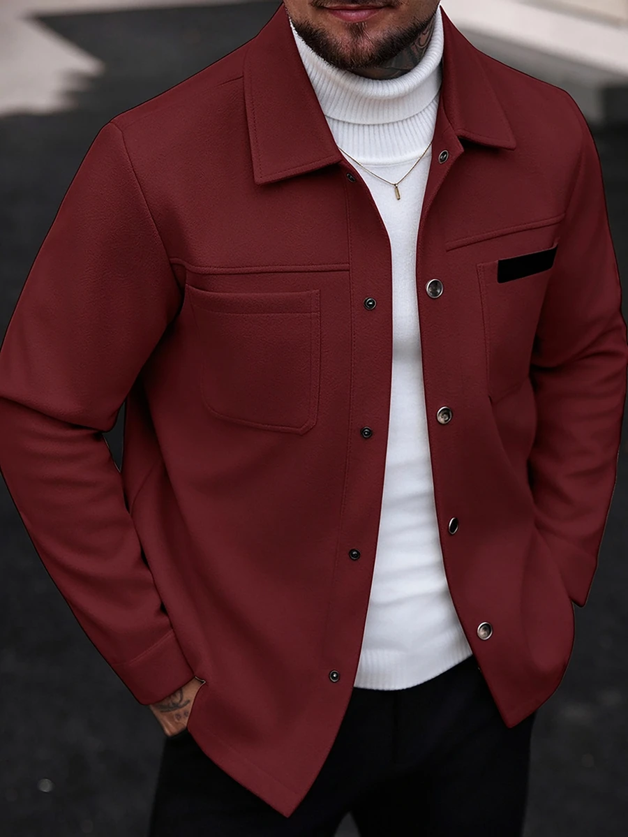 Manfinity CasualCool Men Solid Color Casual Long Sleeve Overcoat, Suitable For Fall And Overcoat Men Overcoat Burgundy Button Up Overcoat Christmas Office Business - Burgundy - View 1
