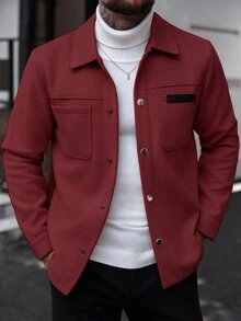 Manfinity CasualCool Men Solid Color Casual Long Sleeve Overcoat, Suitable For Fall And Overcoat Men Overcoat Burgundy Button Up Overcoat Christmas Office Business - Burgundy - View 5