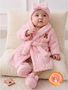 SHEIN Cute Flannel Cardigan With A Bear Design For Baby Girls; Suitable For Loungewear During Autumn And Winter-Warm And Comfortable. - Pink - View 7
