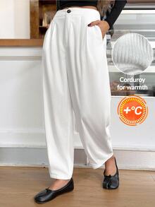 Easowa Women's Ribbed Button Pocket Pleated Long Pants - White - View 1