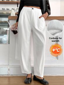 Easowa Women's Ribbed Button Pocket Pleated Long Pants - White - View 2