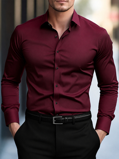 Manfinity Mode Kemeja Kasual Bisnis Pria Warna Burgundy, Kemeja Formal Lengan Panjang Kancing Depan Warna Polos untuk Kantor, Busana Musim Gugur untuk Pakaian Sehari-hari & Hadiah Pesta, Upacara