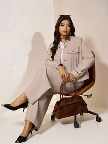 Comfylo Plus Size Women's Beige Elegant Formal Summer Work Suits,Casual Solid Color Jacket And Pants Suit,Commuter Coord Sets,Fall Two Piece Suits - Multicolor - View 2