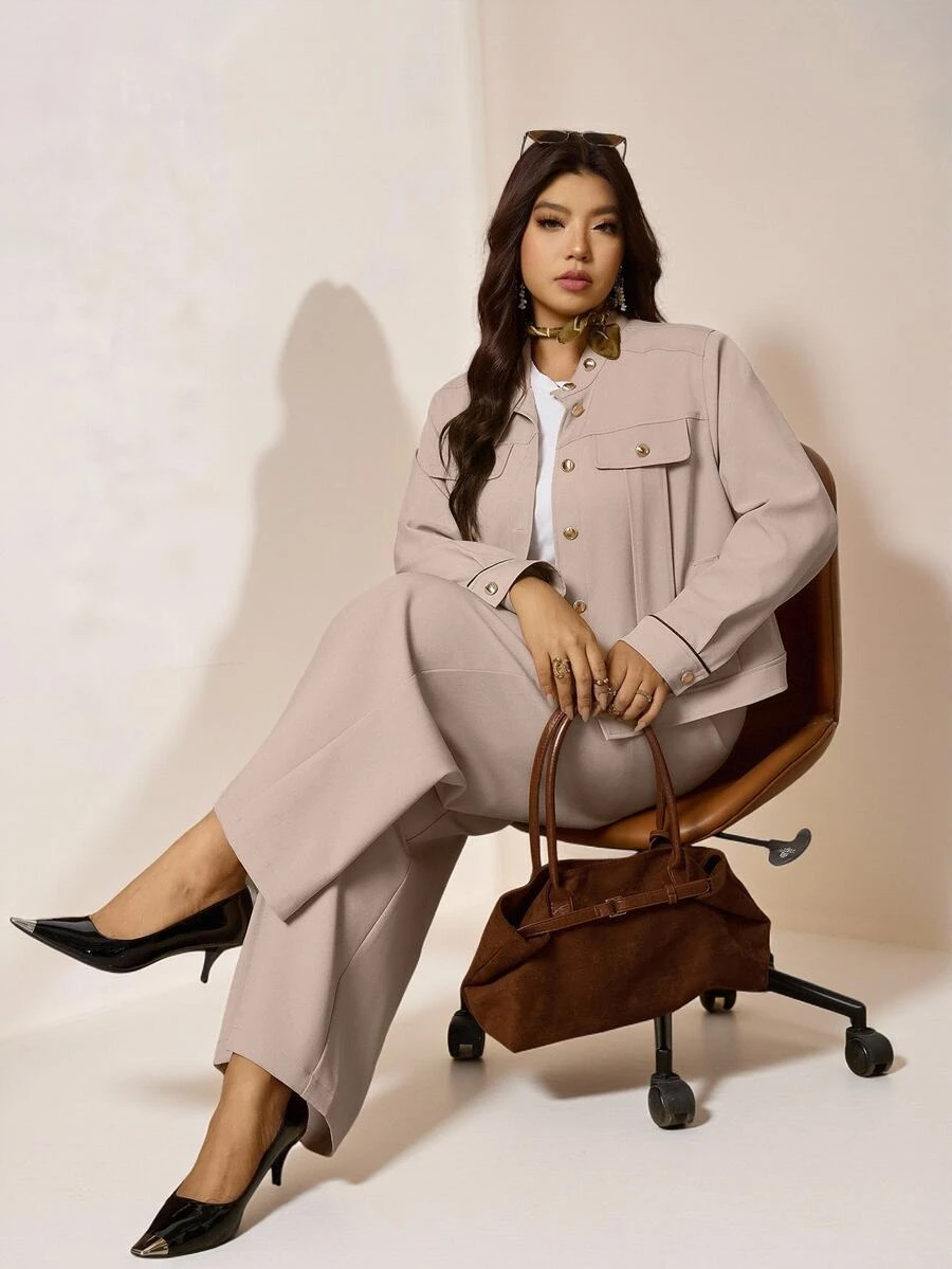 Comfylo Plus Size Women's Beige Elegant Formal Summer Work Suits,Casual Solid Color Jacket And Pants Suit,Commuter Coord Sets,Fall Two Piece Suits