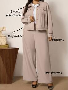 Comfylo Plus Size Women's Beige Elegant Formal Summer Work Suits,Casual Solid Color Jacket And Pants Suit,Commuter Coord Sets,Fall Two Piece Suits - Multicolor - View 7