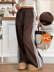 Easowa Women's Striped Colorblock Pocket Loose Casual Long Pants - Brown - View 3