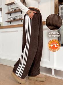 Easowa Women's Striped Colorblock Pocket Loose Casual Long Pants - Brown - View 1