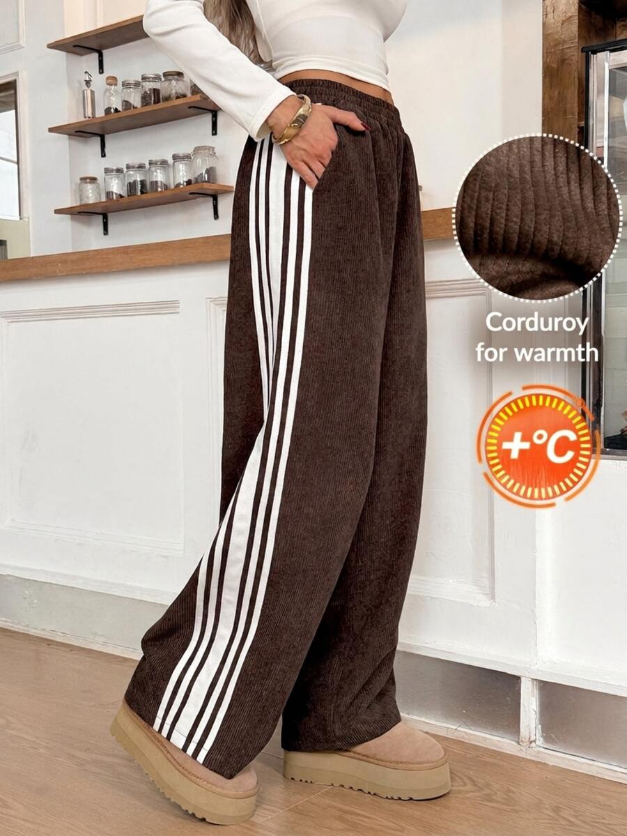 Easowa Women's Striped Colorblock Pocket Loose Casual Long Pants - Brown - View 1