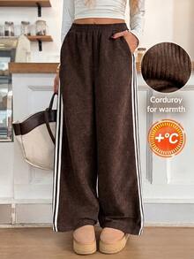 Easowa Women's Striped Colorblock Pocket Loose Casual Long Pants - Brown - View 2