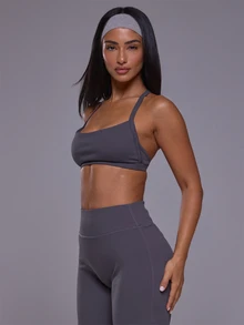 Musera Sport Scoop Neck Strappy Open Back Logo Coord Sports Bra Autumn Winter Fall Active Gym Workout Ski Blacksnow - Grey - View 3