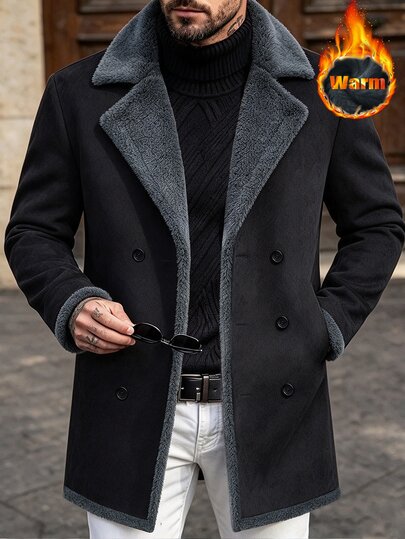 Manfinity CasualCool Men's Black Suede Fleece Lamb Wool Large Lapel Double-Breasted Loose Casual Wool Jacket