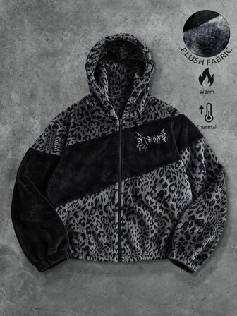 Veste à capuche et manteau ample avec imprimé léopard et patchwork pour hommes