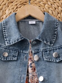 SHEIN 女童2件套，前扣短款牛仔外套 + 花朵荷葉邊蛋糕裙，長袖休閒春/秋季幼兒套裝，甜美可愛節日日常兒童服飾套裝 - 彩色 - 查看 5