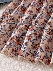 SHEIN 女童2件套，前扣短款牛仔外套 + 花朵荷葉邊蛋糕裙，長袖休閒春/秋季幼兒套裝，甜美可愛節日日常兒童服飾套裝 - 彩色 - 查看 4
