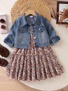 SHEIN 女童2件套，前扣短款牛仔外套 + 花朵荷葉邊蛋糕裙，長袖休閒春/秋季幼兒套裝，甜美可愛節日日常兒童服飾套裝 - 彩色 - 查看 6