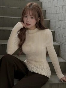 K-Vae Women's Korean Style Ribbed Ballet Knit Base Layer Top, Fitted Vertical Stripe Double Layer Lace Frill Trim 2 In 1 Long Sleeve Casual Top For Autumn/Winter - Apricot - View 7