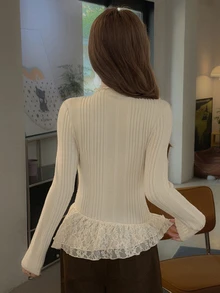 K-Vae Women's Korean Style Ribbed Ballet Knit Base Layer Top, Fitted Vertical Stripe Double Layer Lace Frill Trim 2 In 1 Long Sleeve Casual Top For Autumn/Winter - Apricot - View 2