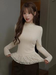 K-Vae Women's Korean Style Ribbed Ballet Knit Base Layer Top, Fitted Vertical Stripe Double Layer Lace Frill Trim 2 In 1 Long Sleeve Casual Top For Autumn/Winter - Apricot - View 6