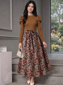 SHEIN 青少年女孩冬季洋裝，返校舞會感恩節穿搭，休閒優雅舒適日常可愛正式黑色 - 棕色 - 查看 3
