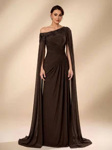 Serin Elegant Luxurious Beaded Sequin Lace Patchwork Elastic Knit Mesh Patchwork Chiffon Sleeve Ruched Mermaid Skirt Suitable For Wedding Events, Bachelorette Party, Vacation, Ball, Evening Dress (Heavy Workmanship Style) - Brown - View 1