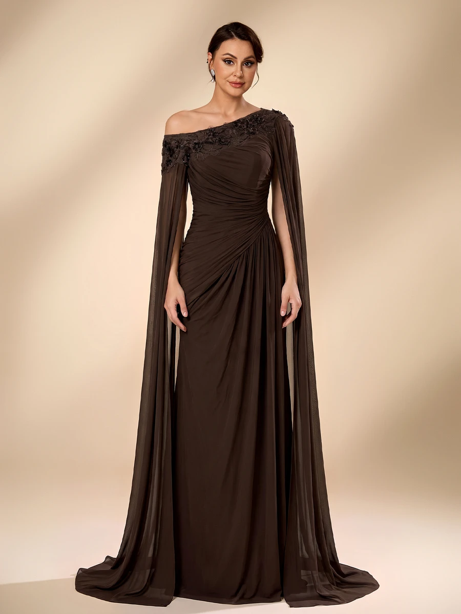 Serin Elegant Luxurious Beaded Sequin Lace Patchwork Elastic Knit Mesh Patchwork Chiffon Sleeve Ruched Mermaid Skirt Suitable For Wedding Events, Bachelorette Party, Vacation, Ball, Evening Dress (Heavy Workmanship Style) - Brown - View 1