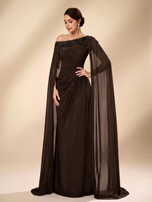 Serin Elegant Luxurious Beaded Sequin Lace Patchwork Elastic Knit Mesh Patchwork Chiffon Sleeve Ruched Mermaid Skirt Suitable For Wedding Events, Bachelorette Party, Vacation, Ball, Evening Dress (Heavy Workmanship Style) - Brown - View 6