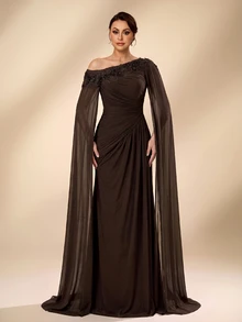 Serin Elegant Luxurious Beaded Sequin Lace Patchwork Elastic Knit Mesh Patchwork Chiffon Sleeve Ruched Mermaid Skirt Suitable For Wedding Events, Bachelorette Party, Vacation, Ball, Evening Dress (Heavy Workmanship Style) - Brown - View 4