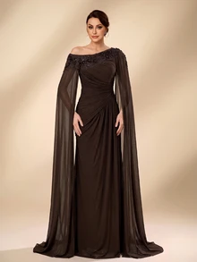 Serin Elegant Luxurious Beaded Sequin Lace Patchwork Elastic Knit Mesh Patchwork Chiffon Sleeve Ruched Mermaid Skirt Suitable For Wedding Events, Bachelorette Party, Vacation, Ball, Evening Dress (Heavy Workmanship Style) - Brown - View 5