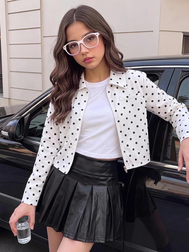 SHEIN Tween Girls Tween Girl Kids Autumn/Winter Polka Dot White Long Sleeve Jacket Casual Daily Streetwear Tween Girl - White - View 5