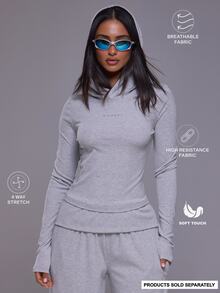 Musera Sport Logo Front Fitted Hooded Long Sleeve Active Top Autumn Winter Fall Active Gym Workout Ski Blacksnow - Grey - View 1