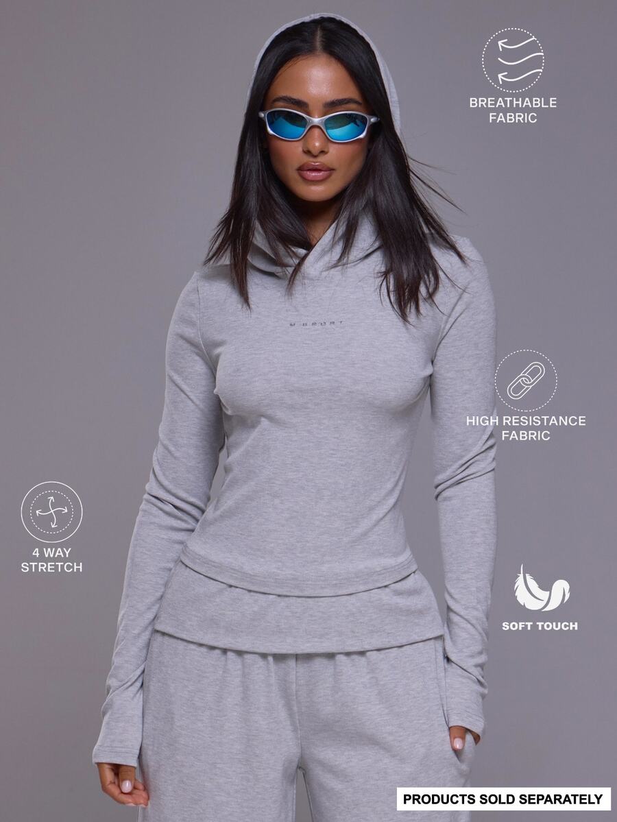 Musera Sport Logo Front Fitted Hooded Long Sleeve Active Top Autumn Winter Fall Active Gym Workout Ski Blacksnow - Grey - View 1