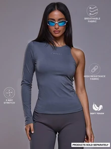 Musera Sport One Sleeve Cutout Back Logo Fitted Top Autumn Winter Fall Active Gym Workout Ski Blacksnow - Grey - View 1