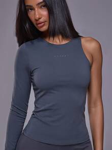Musera Sport One Sleeve Cutout Back Logo Fitted Top Autumn Winter Fall Active Gym Workout Ski Blacksnow - Grey - View 5