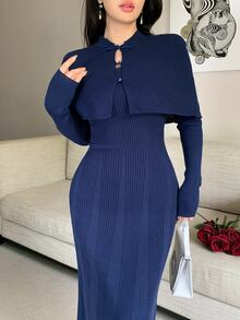 Feyla New Design Modern Chinese Style Frog Button Shawl Cape Waist-Cinching Slimming Elegant A-Line Knit Dress For Commute And Daily Wear - Navy Blue - View 3