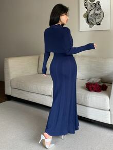 Feyla New Design Modern Chinese Style Frog Button Shawl Cape Waist-Cinching Slimming Elegant A-Line Knit Dress For Commute And Daily Wear - Navy Blue - View 8