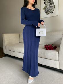 Feyla New Design Modern Chinese Style Frog Button Shawl Cape Waist-Cinching Slimming Elegant A-Line Knit Dress For Commute And Daily Wear - Navy Blue - View 6