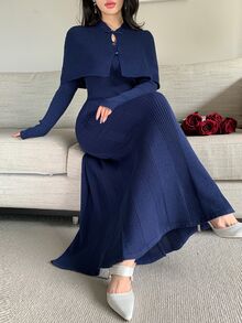 Feyla New Design Modern Chinese Style Frog Button Shawl Cape Waist-Cinching Slimming Elegant A-Line Knit Dress For Commute And Daily Wear - Navy Blue - View 7