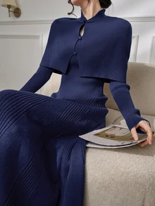 Feyla New Design Modern Chinese Style Frog Button Shawl Cape Waist-Cinching Slimming Elegant A-Line Knit Dress For Commute And Daily Wear - Navy Blue - View 2