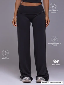 Musera Sport Fold Over Waist Logo Mid Rise Loose Straight Leg Fit Coord Yoga Pants Autumn Winter Fall Active Gym Workout Ski Blacksnow - Black - View 2