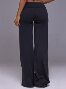 Musera Sport Fold Over Waist Logo Mid Rise Loose Straight Leg Fit Coord Yoga Pants Autumn Winter Fall Active Gym Workout Ski Blacksnow - Black - View 4