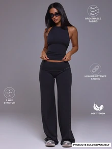 Musera Sport Fold Over Waist Logo Mid Rise Loose Straight Leg Fit Coord Yoga Pants Autumn Winter Fall Active Gym Workout Ski Blacksnow - Black - View 1