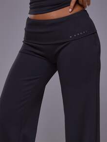 Musera Sport Fold Over Waist Logo Mid Rise Loose Straight Leg Fit Coord Yoga Pants Autumn Winter Fall Active Gym Workout Ski Blacksnow - Black - View 5