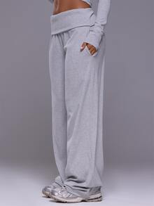 Musera Sport Foldover Waist Logo Loose Fit Wide Leg Jogger Pant Autumn Winter Fall Active Gym Workout Ski Blacksnow - Grey - View 3
