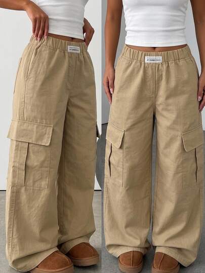 SHEIN Pantalones cargo deportivos holgados y lindos con estampado de letras color camello para adolescentes, casuales, para playa, ciclismo y otoño