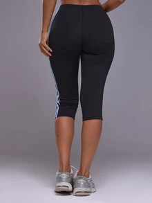 Musera Sport Multi Contrast Colour Stripe Logo Low Rise Fitted Capri Pant Autumn Winter Fall Active Gym Workout Ski Blacksnow - Black - View 4